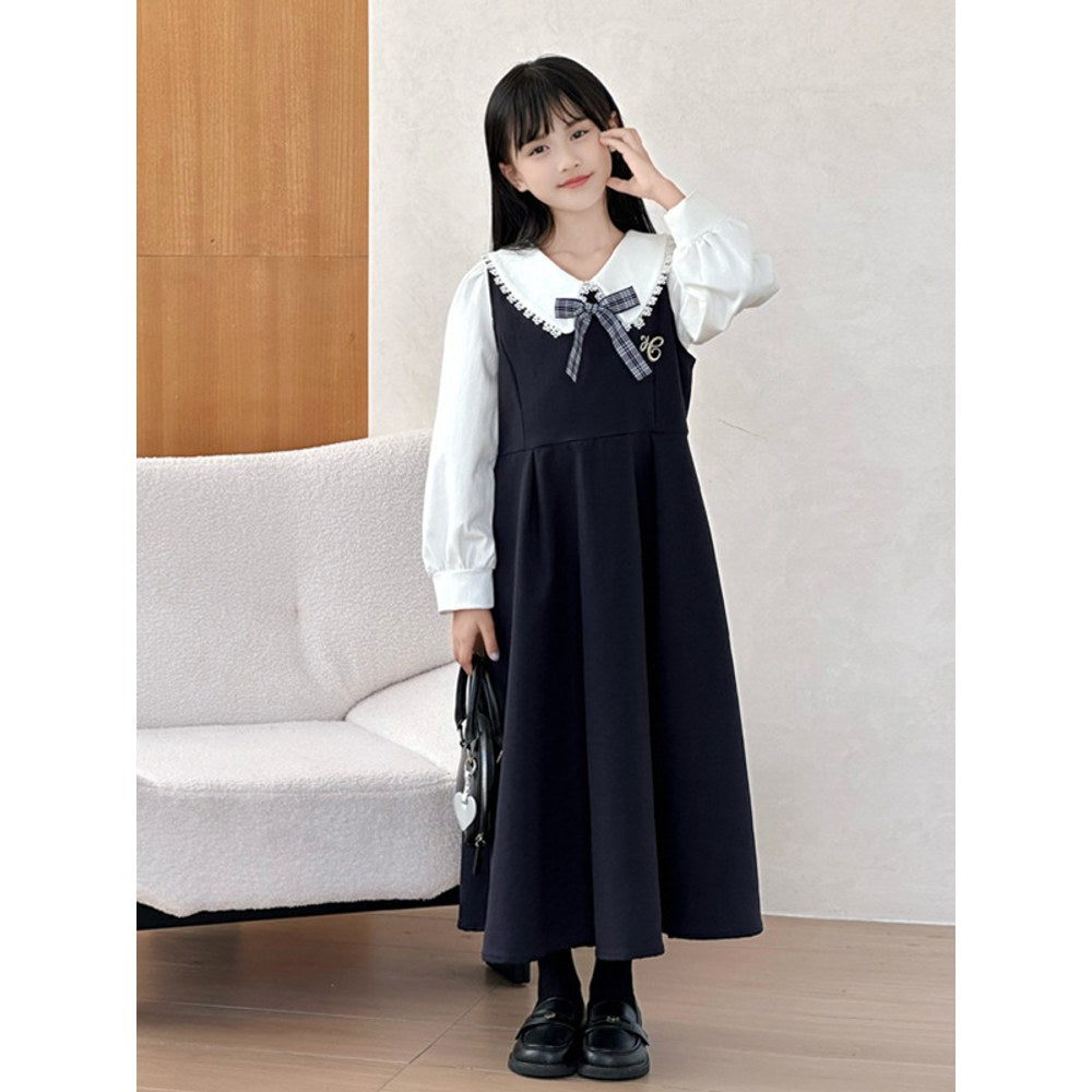 Kids Girls Sleeveless Navy Blue Dress and Lace Trim Top 2-Piece Clothing Set