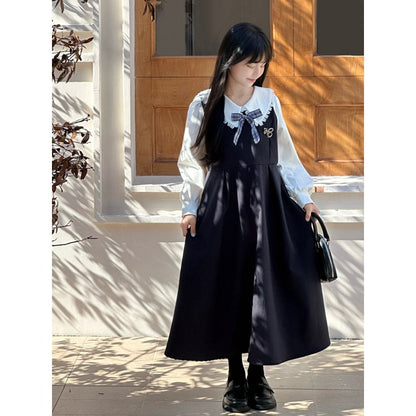 Kids Girls Sleeveless Navy Blue Dress and Lace Trim Top 2-Piece Clothing Set