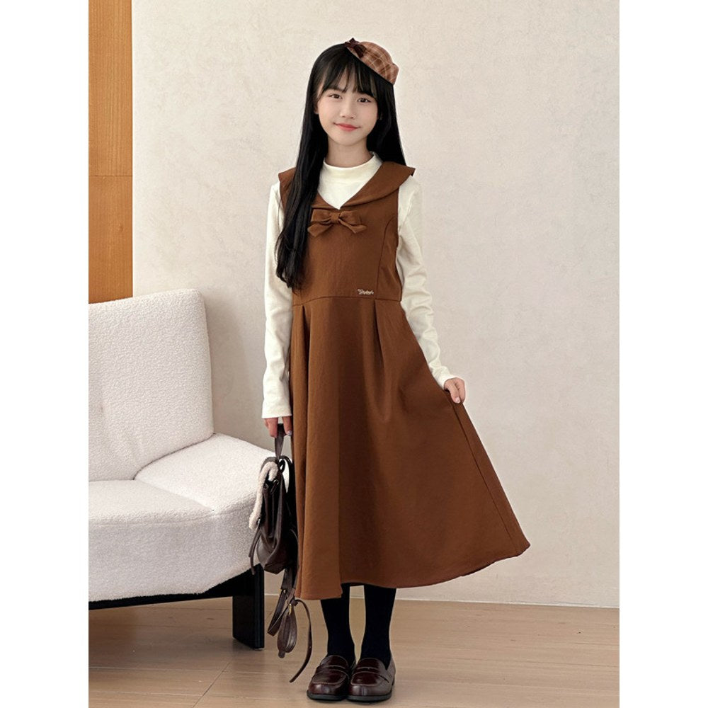 Kids Girls Sleeveless Brown Dress and Apricot Top 2-Piece Clothing Set