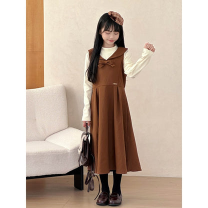 Kids Girls Sleeveless Brown Dress and Apricot Top 2-Piece Clothing Set
