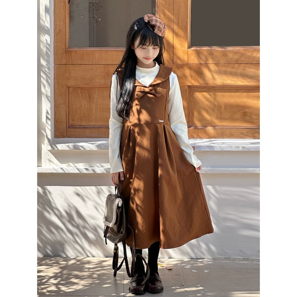 Kids Girls Sleeveless Brown Dress and Apricot Top 2-Piece Clothing Set
