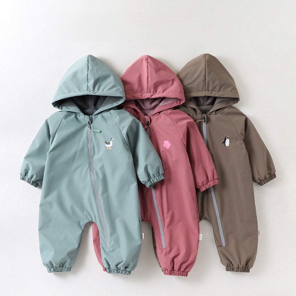 2026 Baby Hooded One Piece Fleece Lined Warm Waterproof Windproof Zipper Coverall Rompers