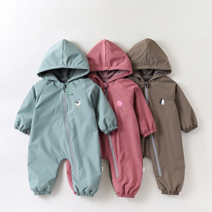 2026 Baby Hooded One Piece Fleece Lined Warm Waterproof Windproof Zipper Coverall Rompers