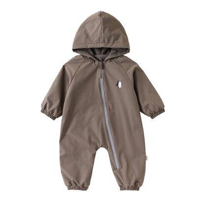 2026 Baby Hooded One Piece Fleece Lined Warm Waterproof Windproof Zipper Coverall Rompers