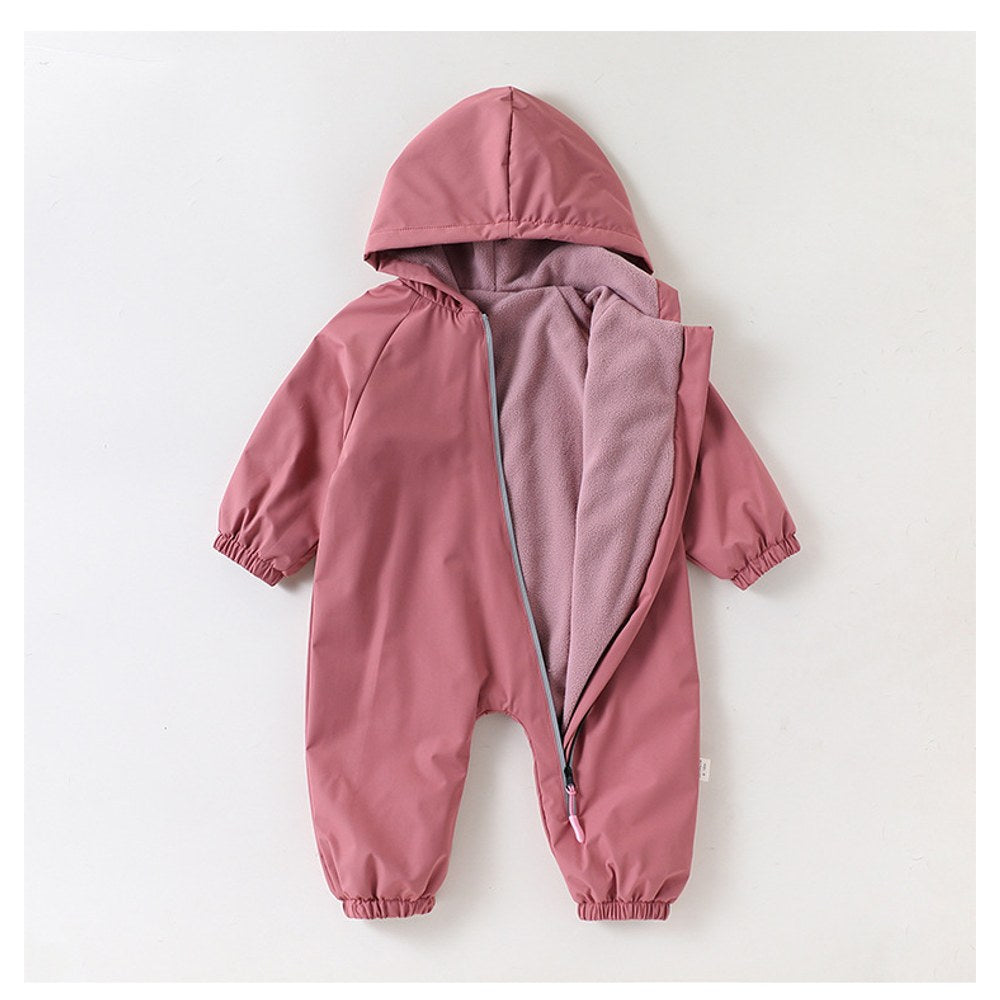 2026 Baby Hooded One Piece Fleece Lined Warm Waterproof Windproof Zipper Coverall Rompers