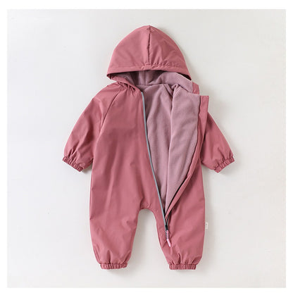 2026 Baby Hooded One Piece Fleece Lined Warm Waterproof Windproof Zipper Coverall Rompers