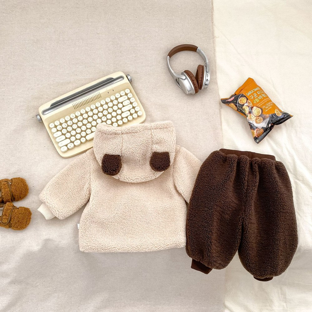 Baby Kids Teddy Bear Pattern Long Sleeves Coat and Brown Pants 2-piece Clothing Set