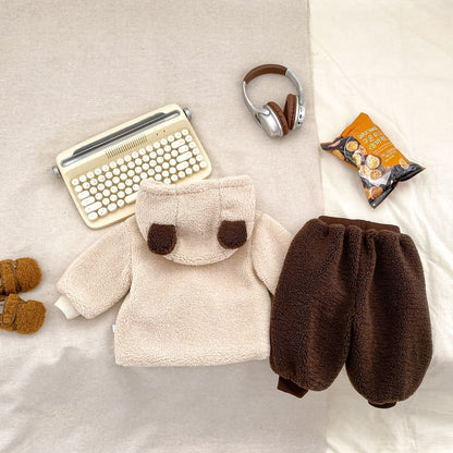 Baby Kids Teddy Bear Pattern Long Sleeves Coat and Brown Pants 2-piece Clothing Set