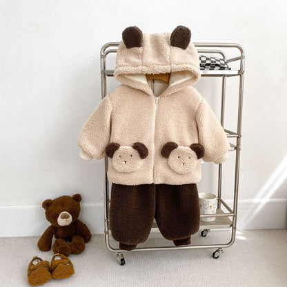 Baby Kids Teddy Bear Pattern Long Sleeves Coat and Brown Pants 2-piece Clothing Set