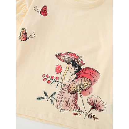 Kids Girls Cartoon Pattern Crew Neck Long Sleeves Top