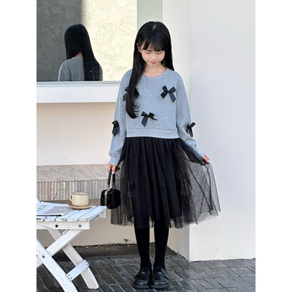 Long Sleeves Color Patchwork One-Piece Tulle Dress for Stylish Girls