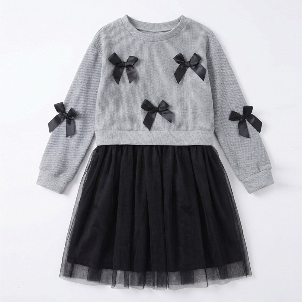 Long Sleeves Color Patchwork One-Piece Tulle Dress for Stylish Girls
