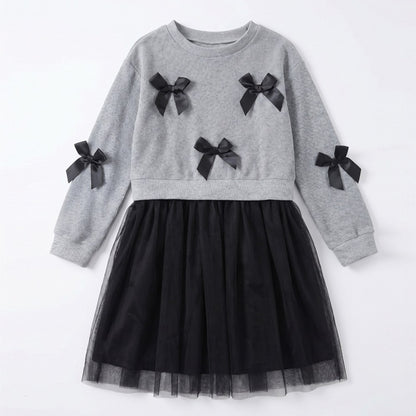 Long Sleeves Color Patchwork One-Piece Tulle Dress for Stylish Girls