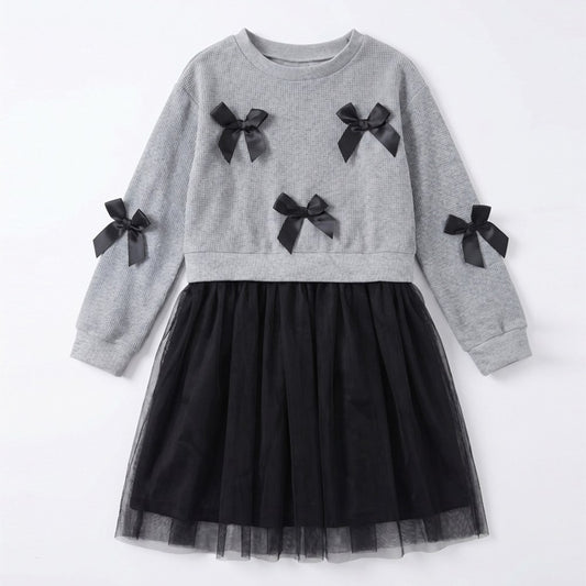 Long Sleeves Color Patchwork One-Piece Tulle Dress for Stylish Girls