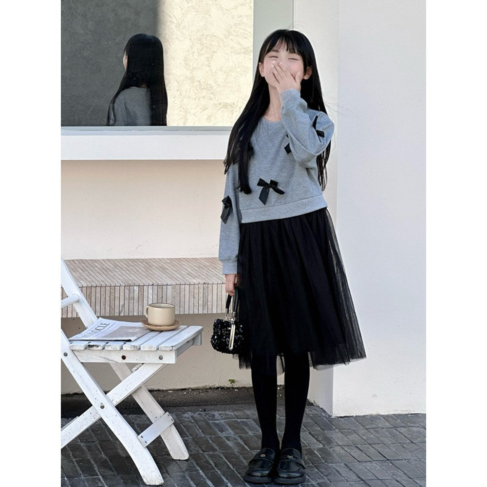 Long Sleeves Color Patchwork One-Piece Tulle Dress for Stylish Girls