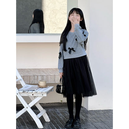 Long Sleeves Color Patchwork One-Piece Tulle Dress for Stylish Girls