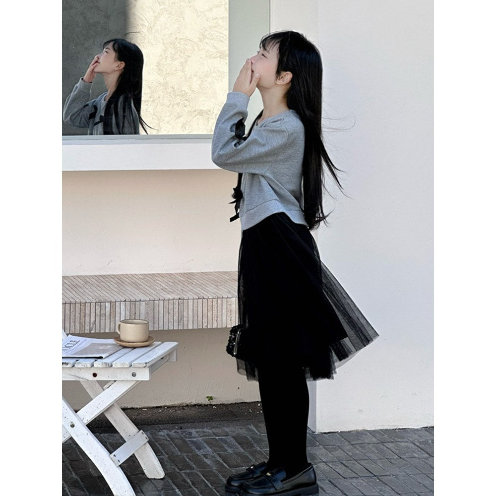Long Sleeves Color Patchwork One-Piece Tulle Dress for Stylish Girls