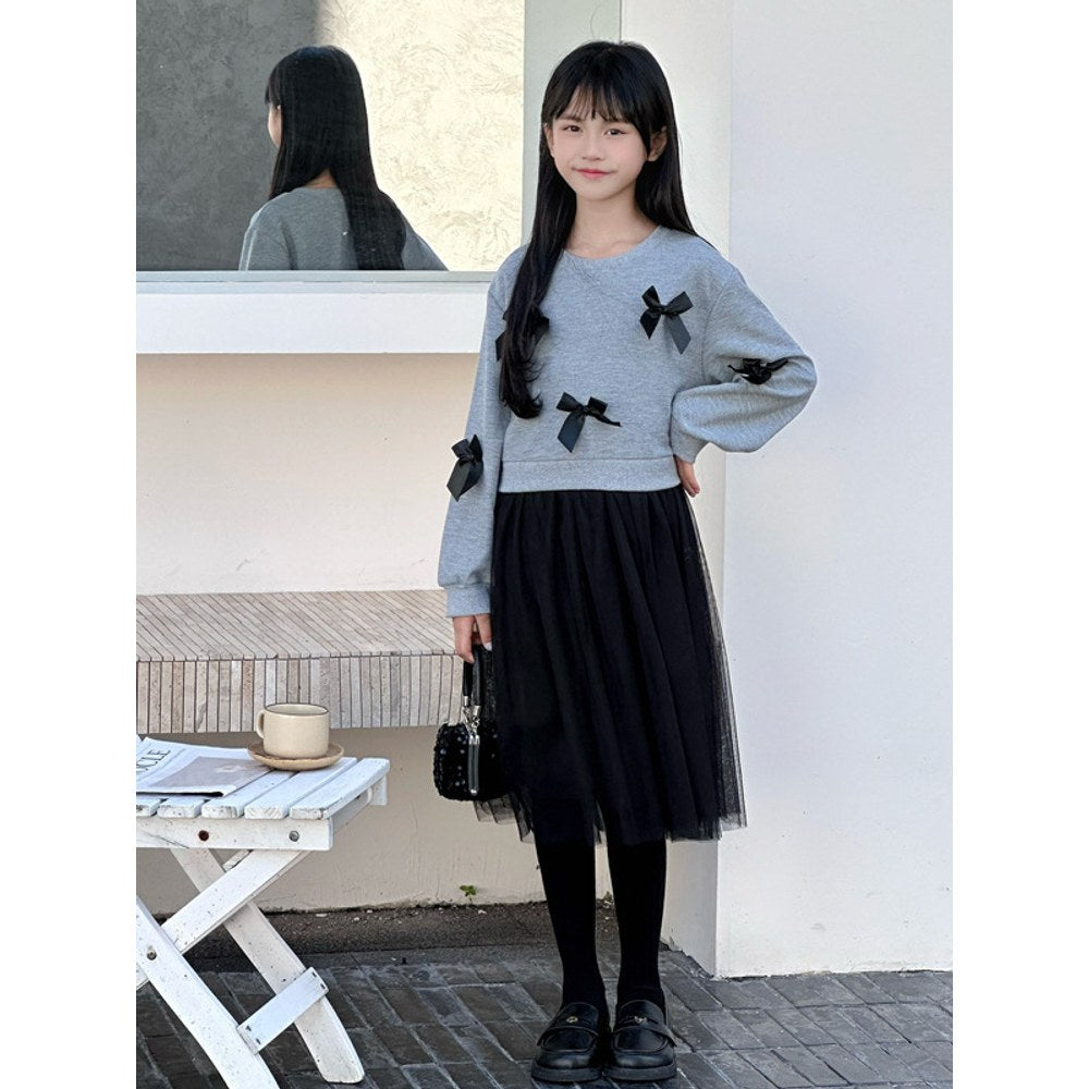 Long Sleeves Color Patchwork One-Piece Tulle Dress for Stylish Girls