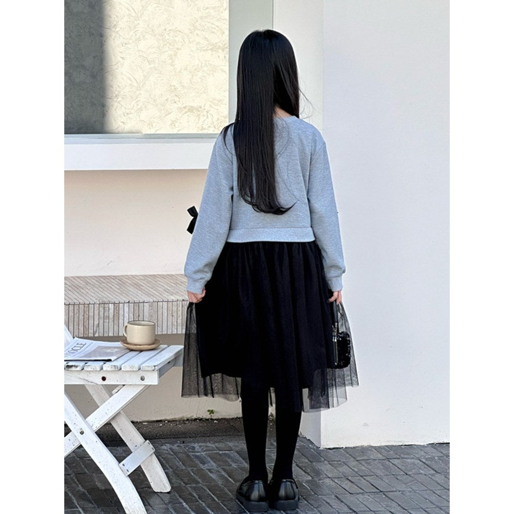 Long Sleeves Color Patchwork One-Piece Tulle Dress for Stylish Girls