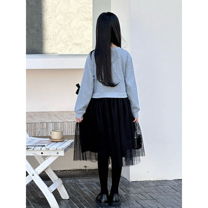 Long Sleeves Color Patchwork One-Piece Tulle Dress for Stylish Girls