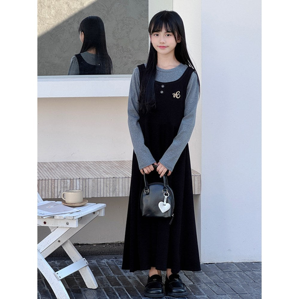 Long Sleeves Color Patchwork One-Piece Dress for Stylish Girls