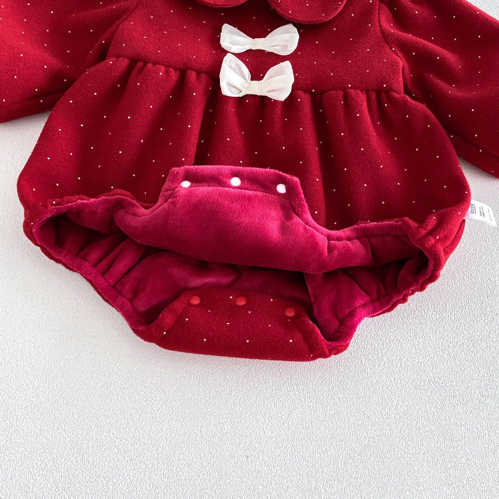 Baby Girls Long Sleeves Dots Pattern Peter Pan Collar Thick Bodysuit