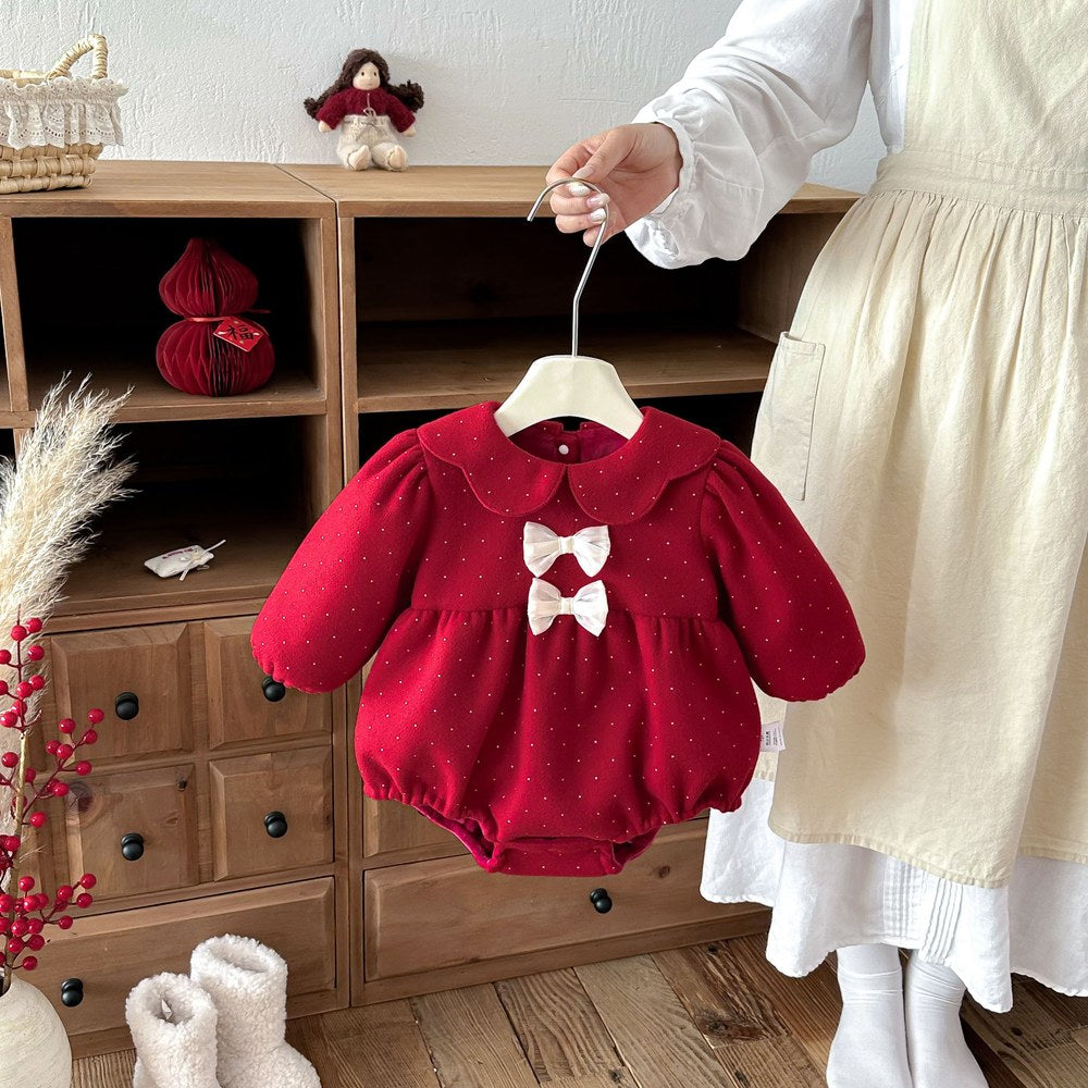 Baby Girls Long Sleeves Dots Pattern Peter Pan Collar Thick Bodysuit