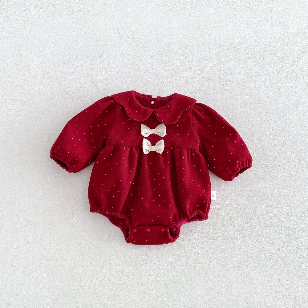Baby Girls Long Sleeves Dots Pattern Peter Pan Collar Thick Bodysuit