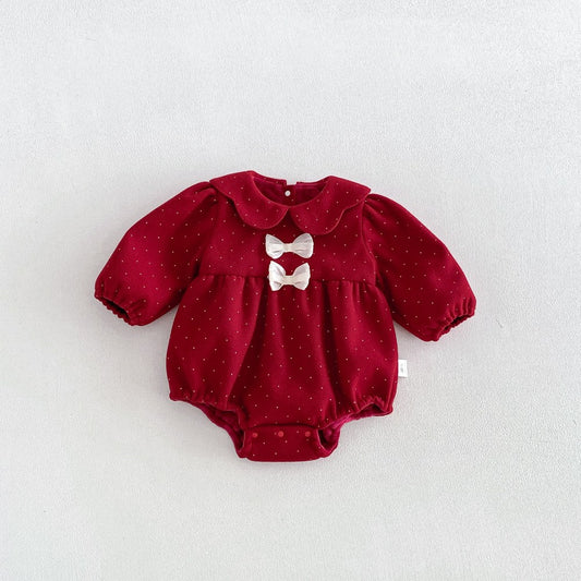 Baby Girls Long Sleeves Dots Pattern Peter Pan Collar Thick Bodysuit