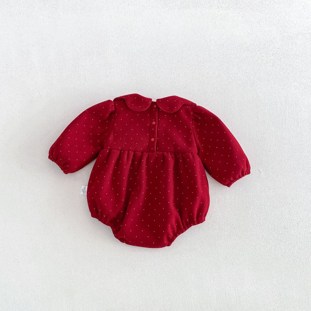 Baby Girls Long Sleeves Dots Pattern Peter Pan Collar Thick Bodysuit