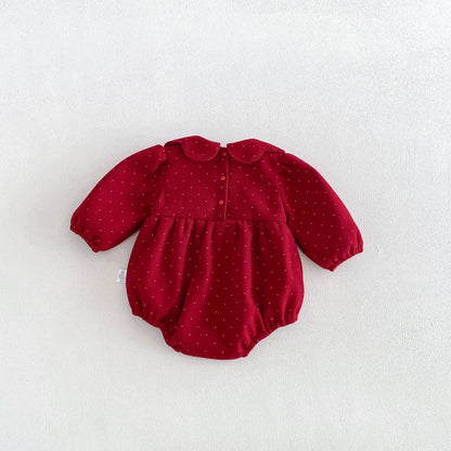 Baby Girls Long Sleeves Dots Pattern Peter Pan Collar Thick Bodysuit