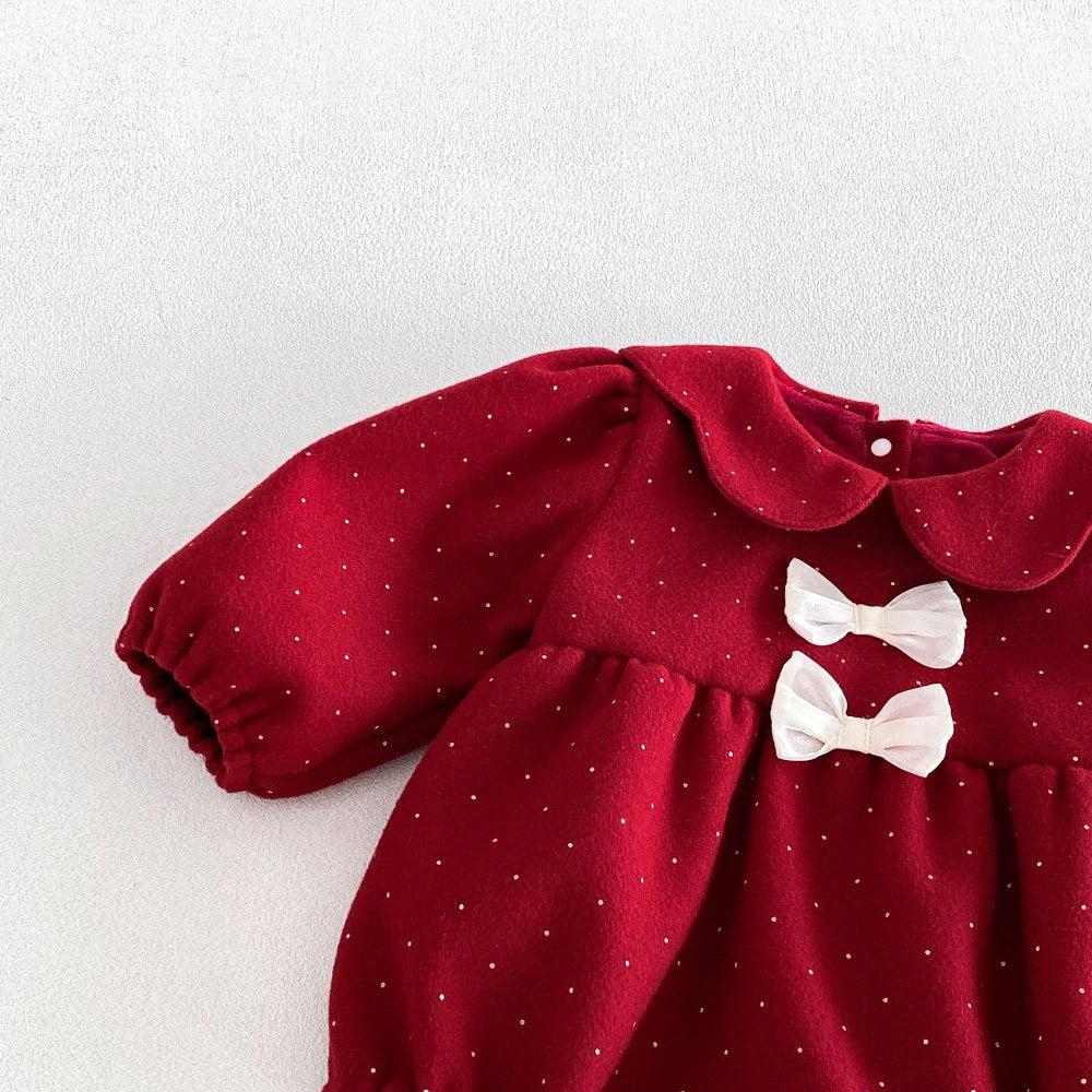 Baby Girls Long Sleeves Dots Pattern Peter Pan Collar Thick Bodysuit
