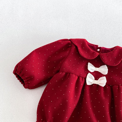 Baby Girls Long Sleeves Dots Pattern Peter Pan Collar Thick Bodysuit