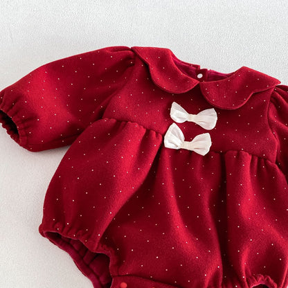 Baby Girls Long Sleeves Dots Pattern Peter Pan Collar Thick Bodysuit