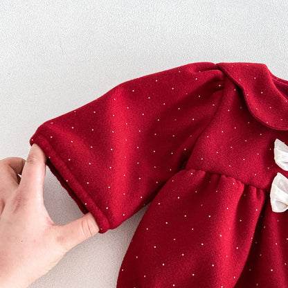 Baby Girls Long Sleeves Dots Pattern Peter Pan Collar Thick Bodysuit