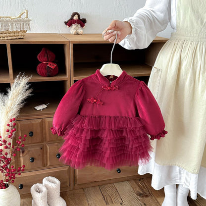 Baby Girls Long Sleeves Stand Collar Tulle Patchwork Thick Bodysuit Dress