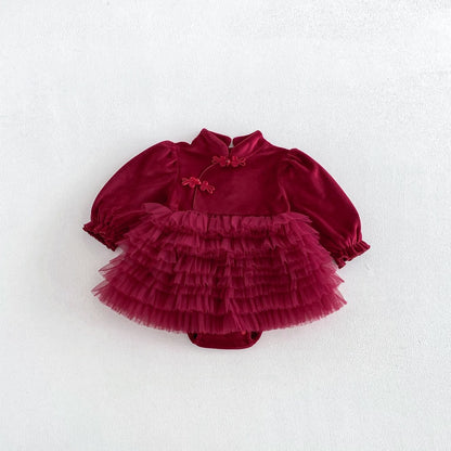 Baby Girls Long Sleeves Stand Collar Tulle Patchwork Thick Bodysuit Dress