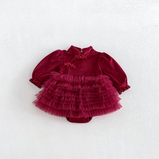 Baby Girls Long Sleeves Stand Collar Tulle Patchwork Thick Bodysuit Dress
