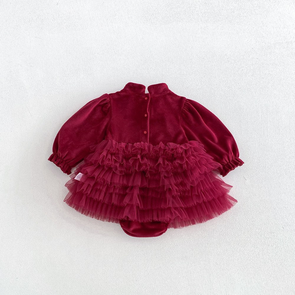 Baby Girls Long Sleeves Stand Collar Tulle Patchwork Thick Bodysuit Dress
