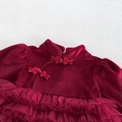 Baby Girls Long Sleeves Stand Collar Tulle Patchwork Thick Bodysuit Dress