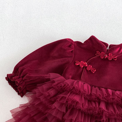 Baby Girls Long Sleeves Stand Collar Tulle Patchwork Thick Bodysuit Dress