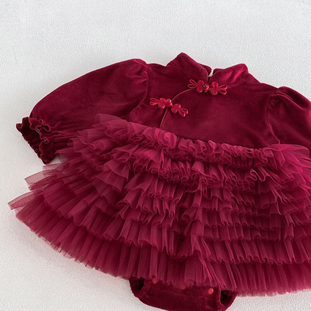 Baby Girls Long Sleeves Stand Collar Tulle Patchwork Thick Bodysuit Dress