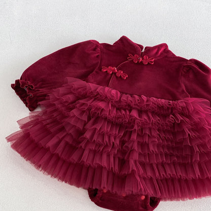 Baby Girls Long Sleeves Stand Collar Tulle Patchwork Thick Bodysuit Dress