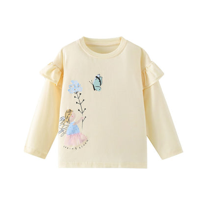 Kids Girls Cartoon Pattern Crew Neck Long Sleeves Top