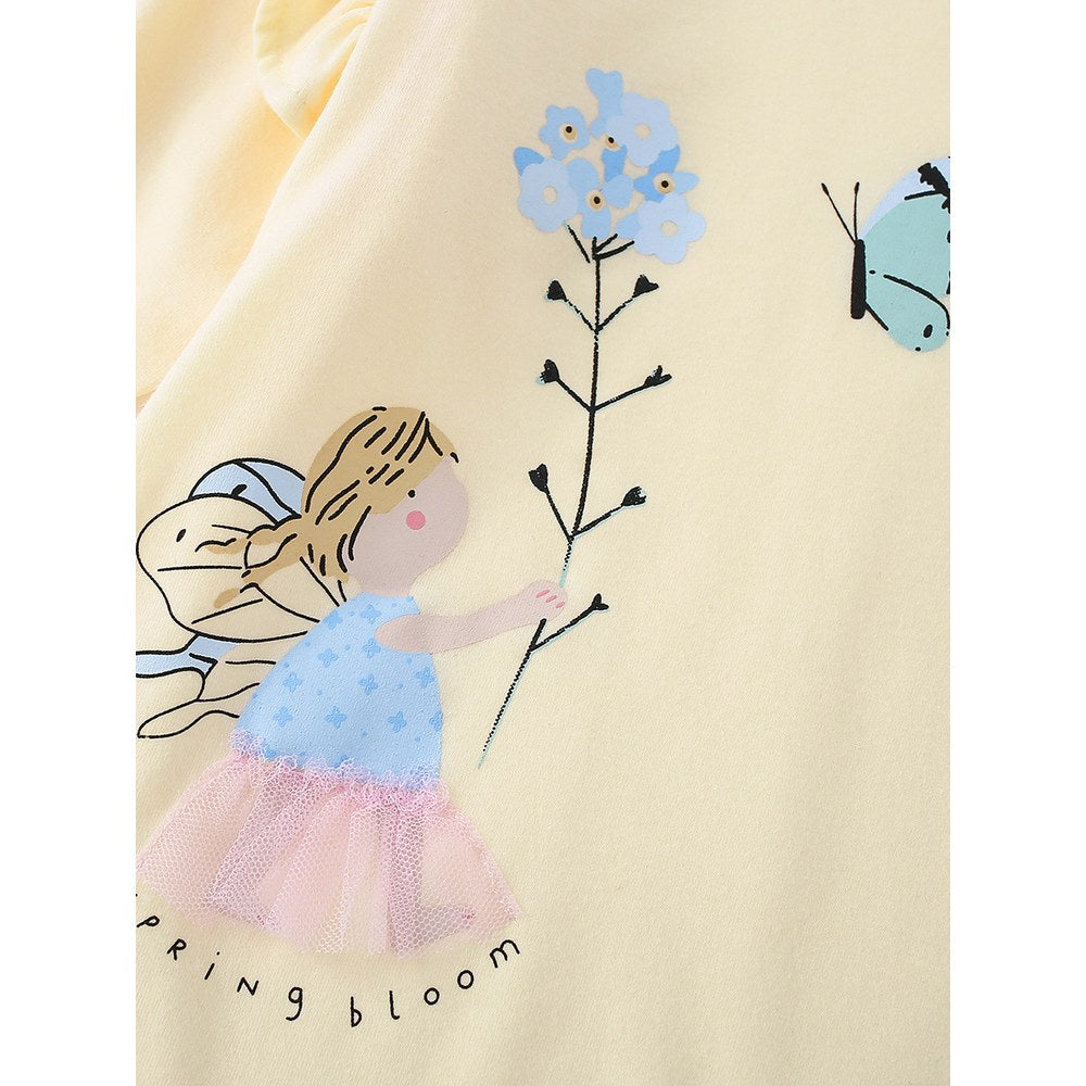 Kids Girls Cartoon Pattern Crew Neck Long Sleeves Top
