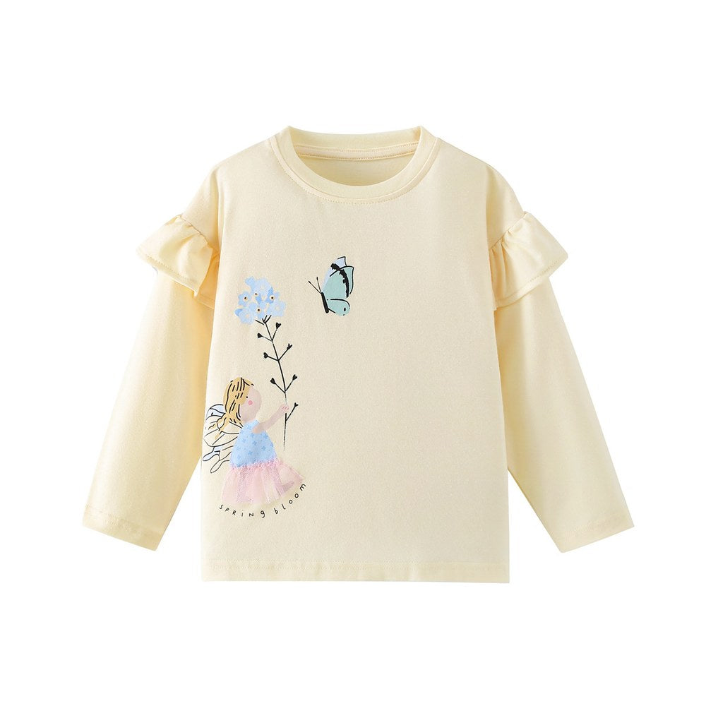 Kids Girls Cartoon Pattern Crew Neck Long Sleeves Top