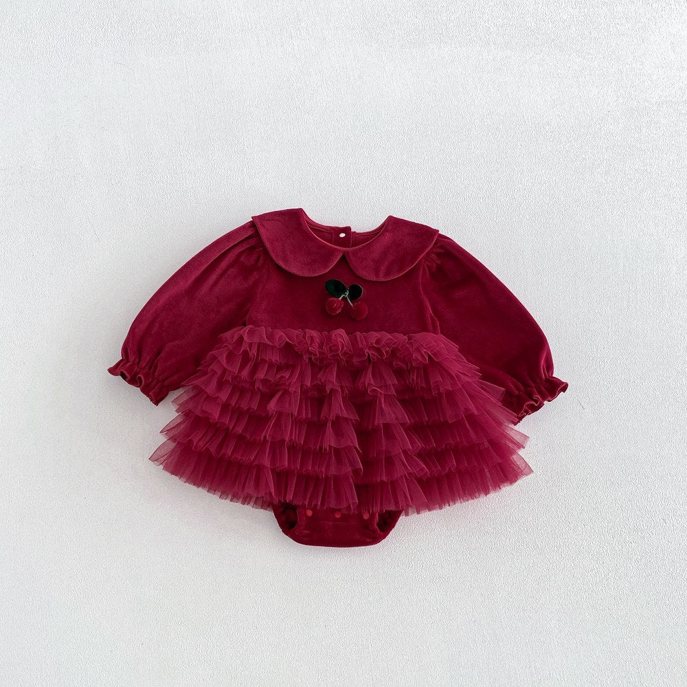 Baby Girls Long Sleeves Tulle Patchwork Warm Bodysuit Dress