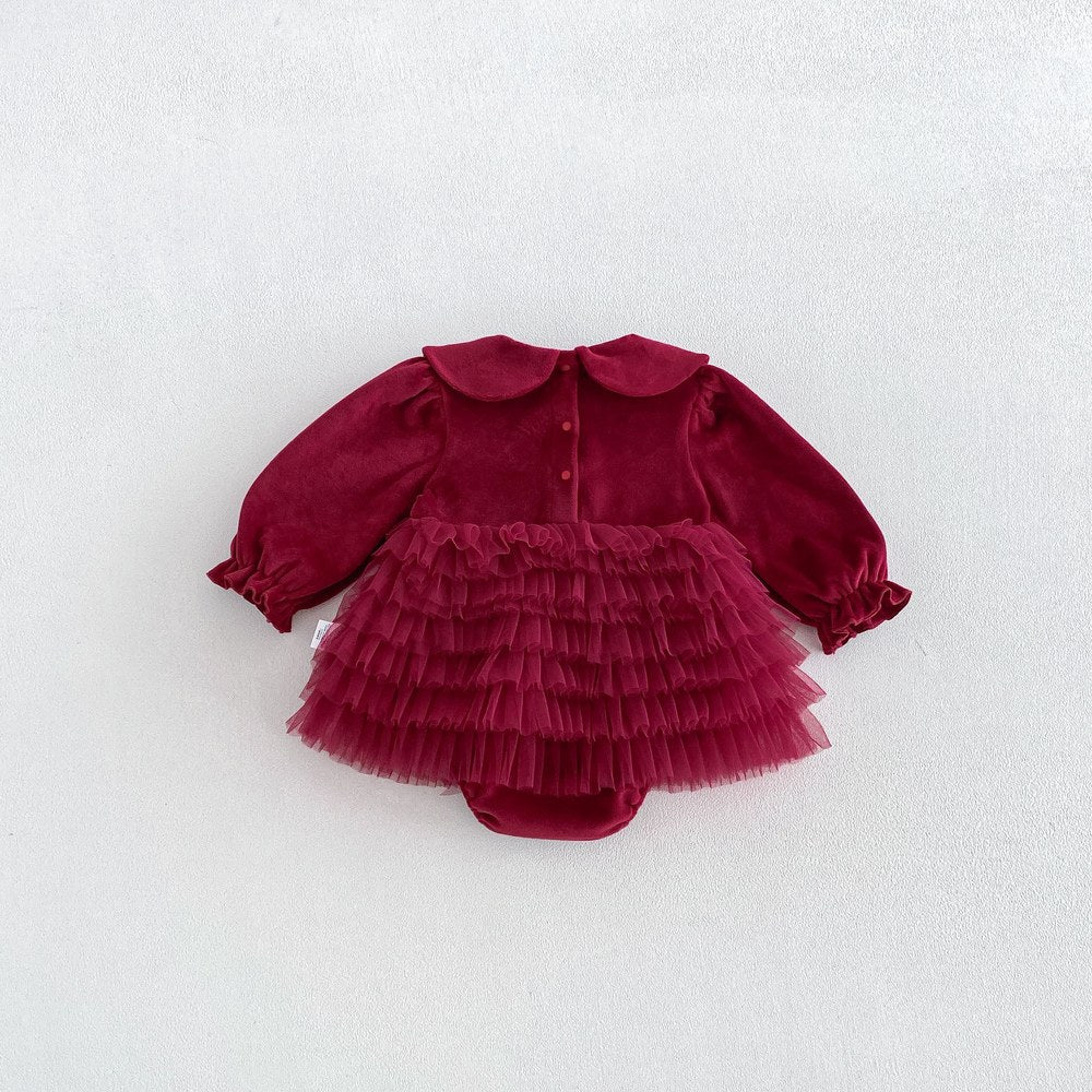 Baby Girls Long Sleeves Tulle Patchwork Warm Bodysuit Dress