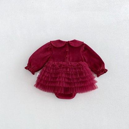 Baby Girls Long Sleeves Tulle Patchwork Warm Bodysuit Dress