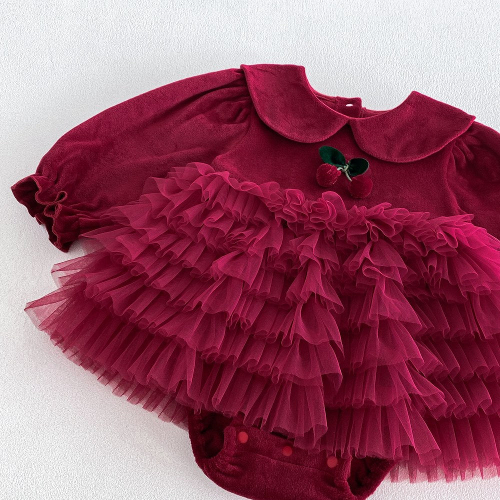 Baby Girls Long Sleeves Tulle Patchwork Warm Bodysuit Dress